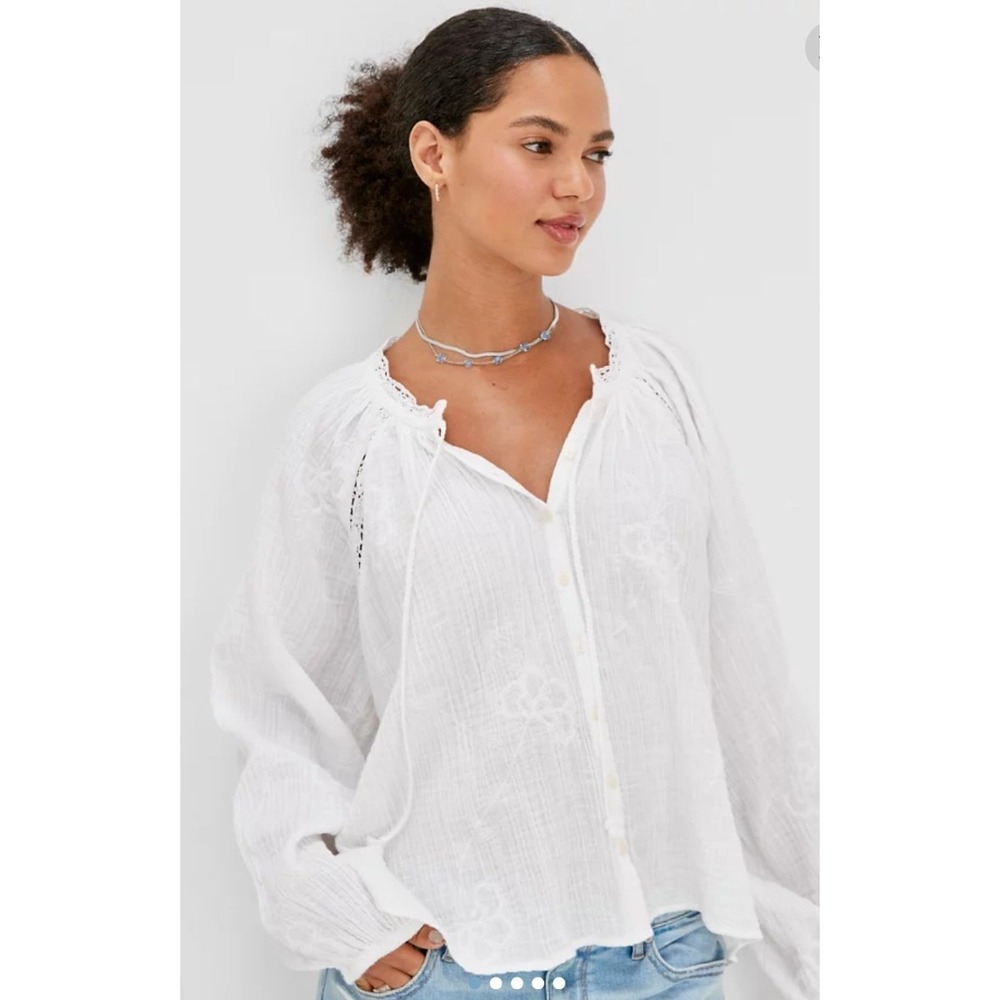 American Eagle AE Long-Sleeve Button Up Tunic Peasant Top Embroidered White M